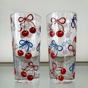Fig & Fern Cherries Bows Highball Glasses 2pc Red Blue Summer Barware New